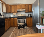 kitchen with plastic reduced and dog laying on the floor
